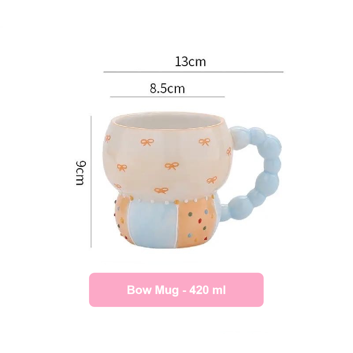 Measurement chart of a bow mug with dimensions and capacity information.
