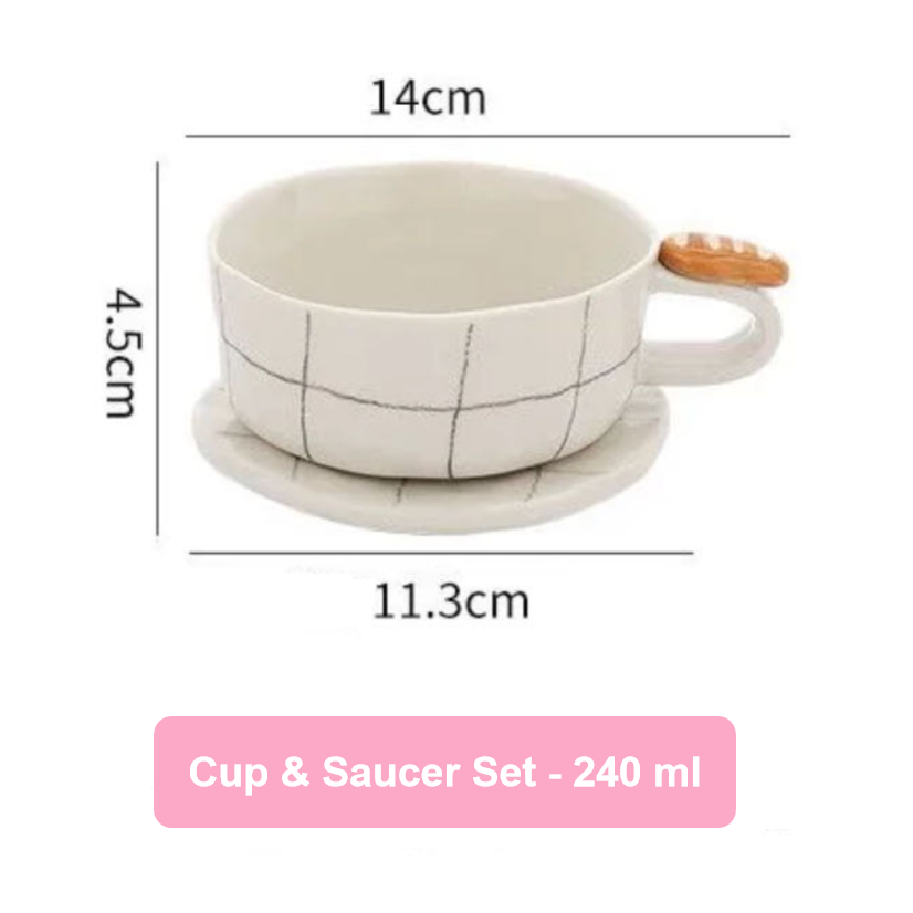 Ceramic cup and saucer set with measurements on a white background