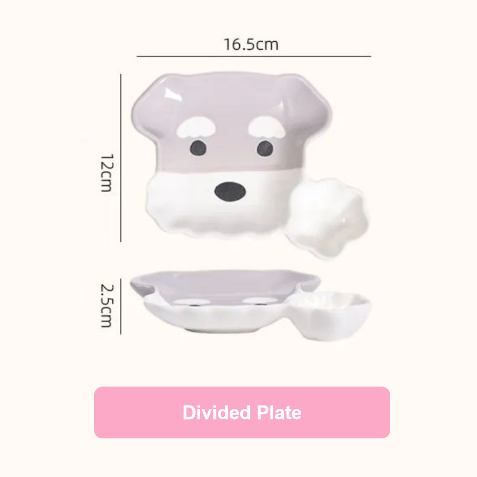Divided plate shaped like a dog with measurements on a white background
