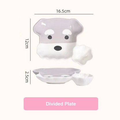 Divided plate shaped like a dog with measurements on a white background