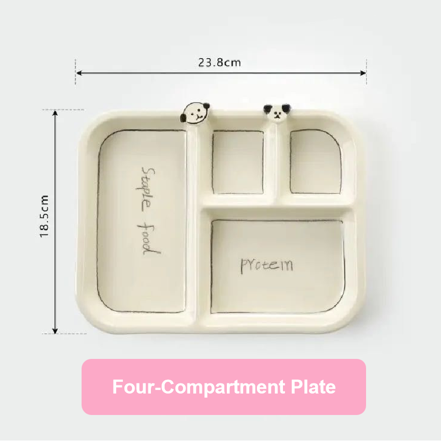 Four-compartment plate with dimensions on a white background