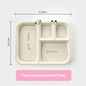 Four-compartment plate with dimensions on a white background