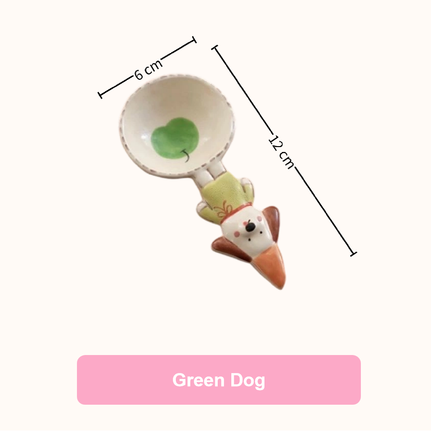 Handmade Green Dog ceramic spoon — hand-painted puppy design with size reference, MeowCeramics