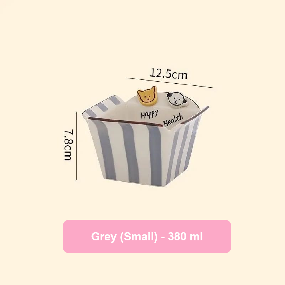 Small gray and white striped container with measurements and text on a beige background