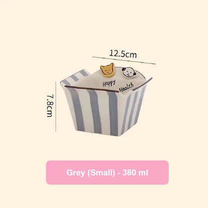 Small gray and white striped container with measurements and text on a beige background
