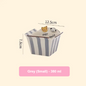 Small gray and white striped container with measurements and text on a beige background