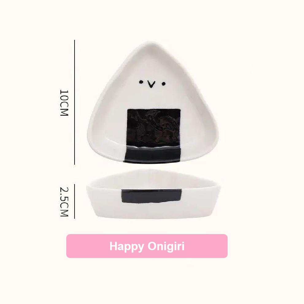 White onigiri-shaped container with black rice and smiley face design, labeled 'Happy Onigiri', on a white background.