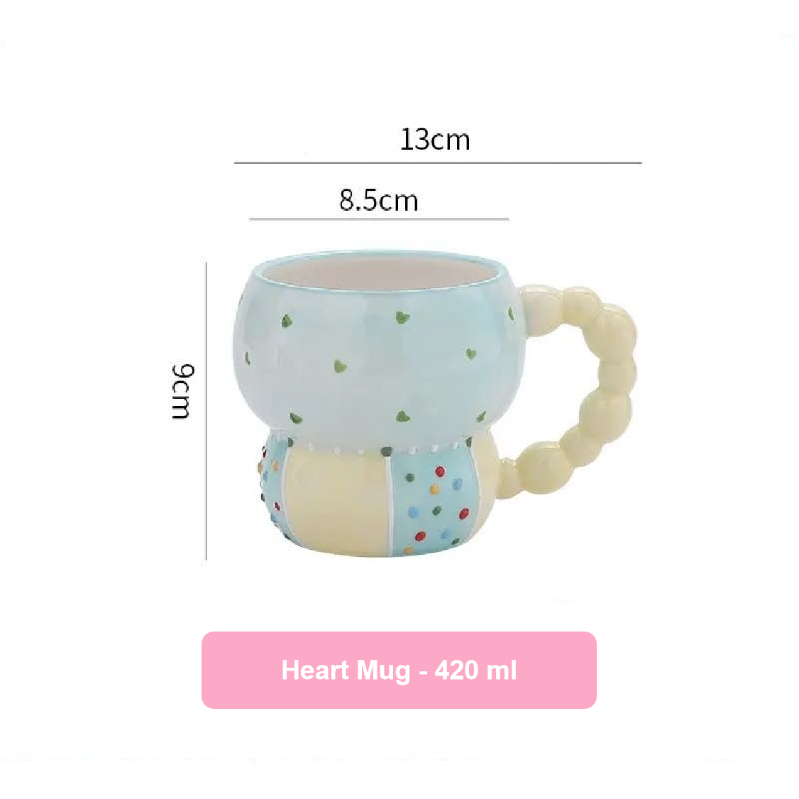 Heart-shaped mug with measurements on a white background