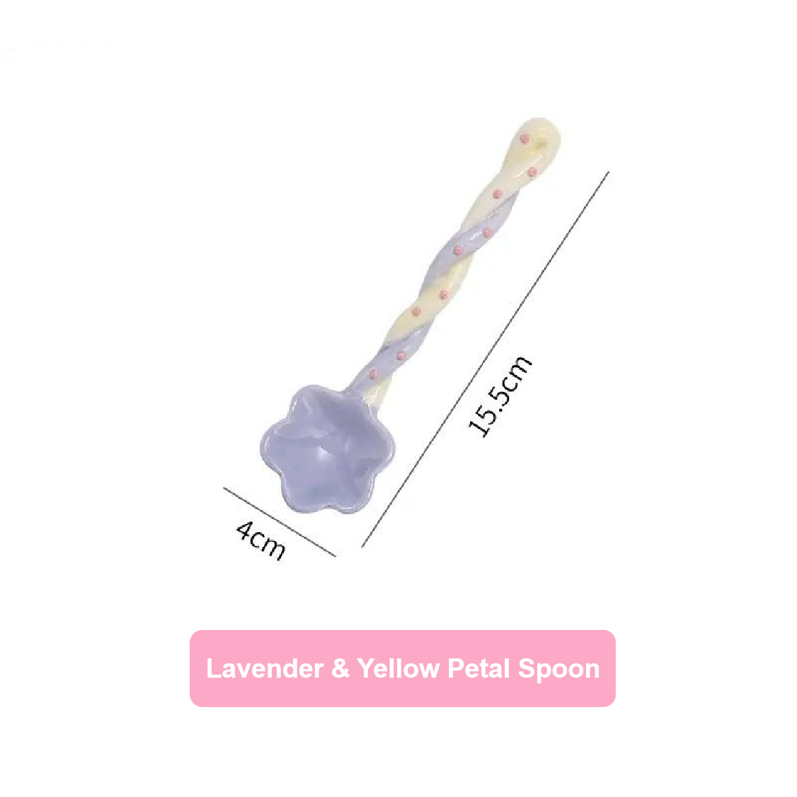 Lavender and yellow petal spoon with measurements on a white background