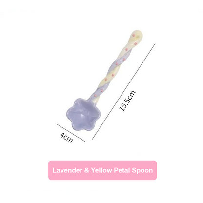 Lavender and yellow petal spoon with measurements on a white background