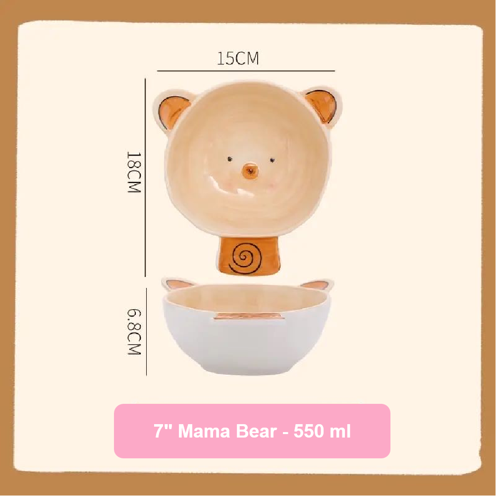 Ceramic baby bowl shaped like a bear with dimensions and capacity details on a beige background