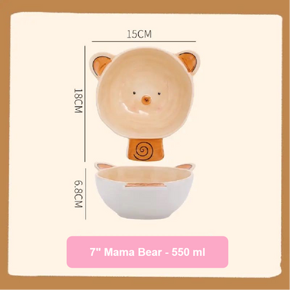 Ceramic baby bowl shaped like a bear with dimensions and capacity details on a beige background
