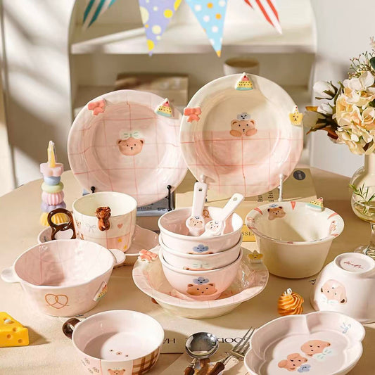 Sweet Heart Bear underglaze ceramic tableware — full collection display, all styles, MeowCeramics