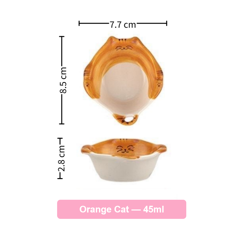 Measurement chart of a small container labeled 'Orange Cat' with dimensions on a white background.