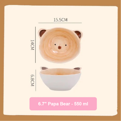 Bear-shaped bowl with dimensions and capacity information on a beige background