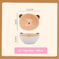 Bear-shaped bowl with dimensions and capacity information on a beige background