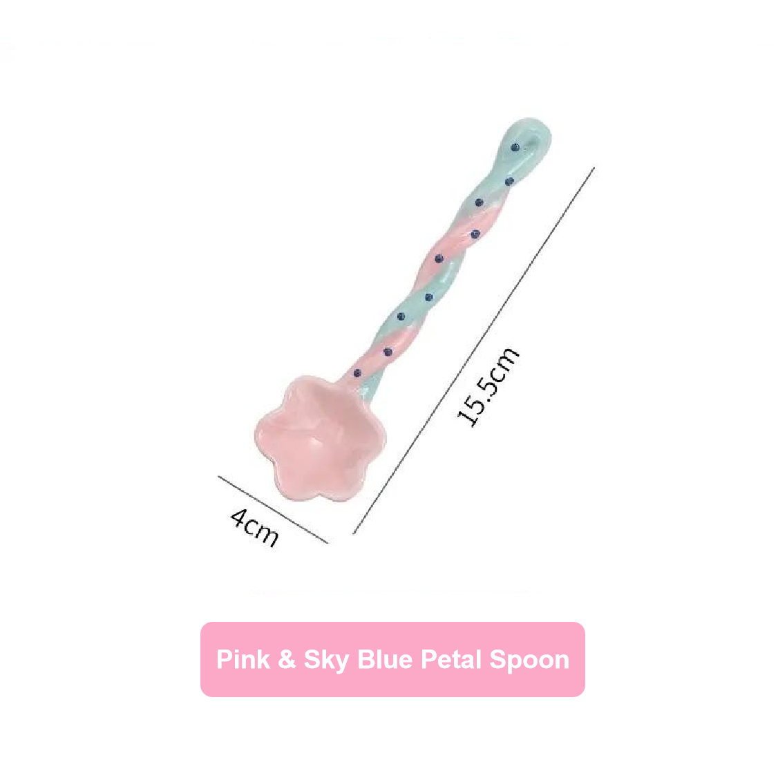 Pink and sky blue petal spoon with measurements on a white background
