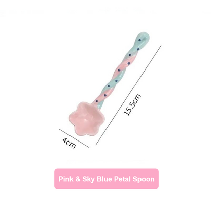 Pink and sky blue petal spoon with measurements on a white background