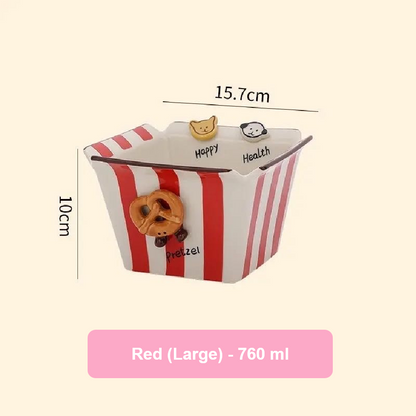 Red and white striped container with measurements on a beige background