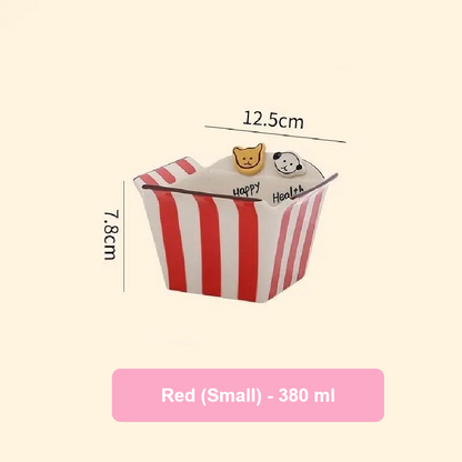 Red and white striped container with measurements and text on a beige background