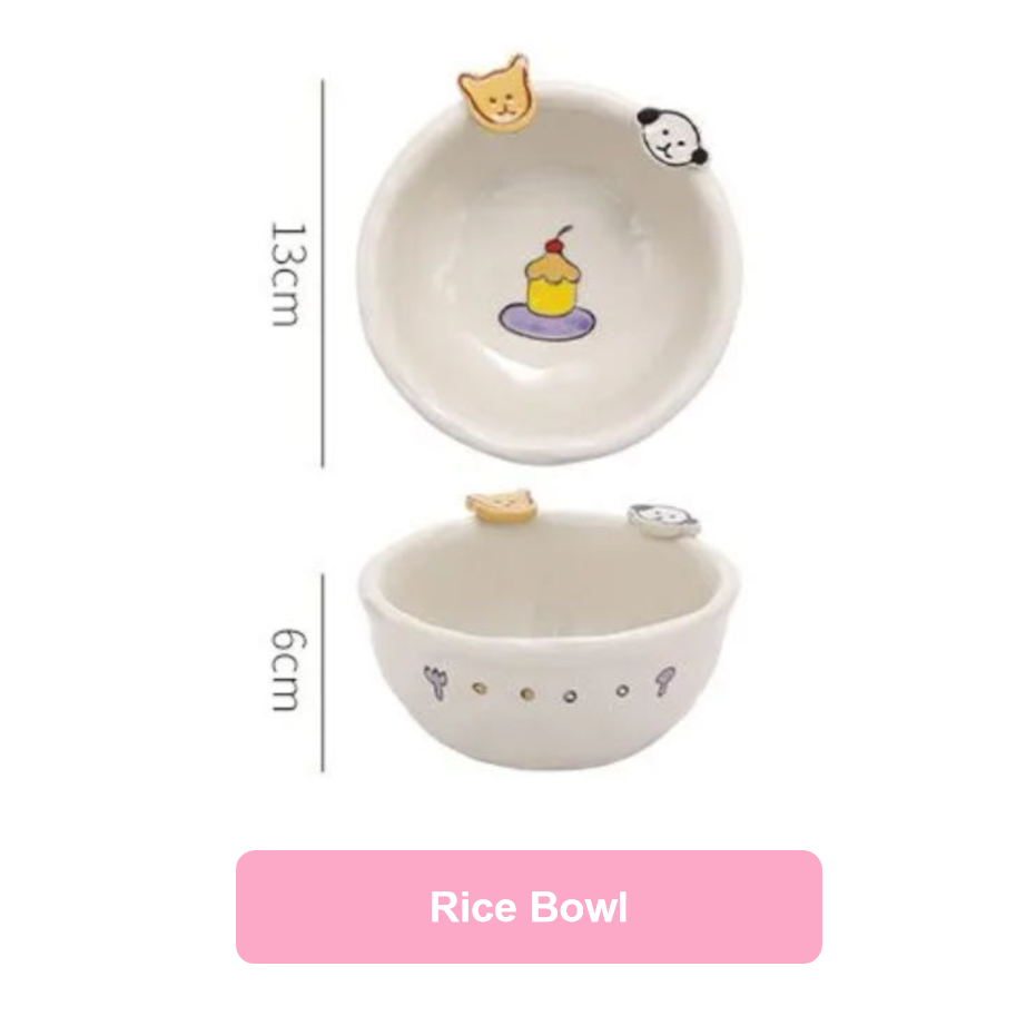 Small ceramic rice bowl with cartoon designs and measurements on a white background