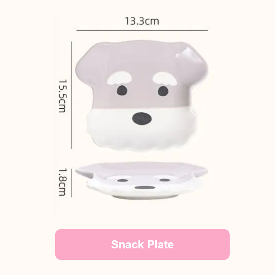 Snack plate with dog face design and measurements on a white background