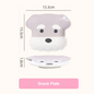Snack plate with dog face design and measurements on a white background