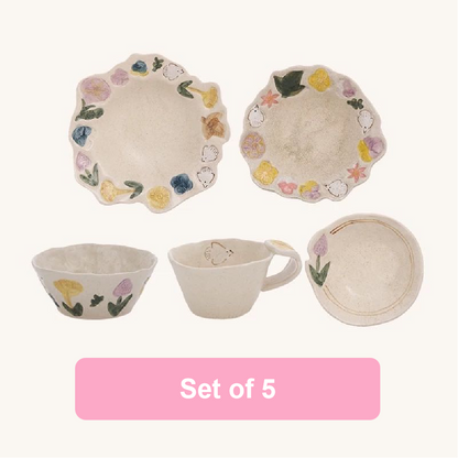 Handmade Retro Floral Ceramic Tableware Set - Set of 5