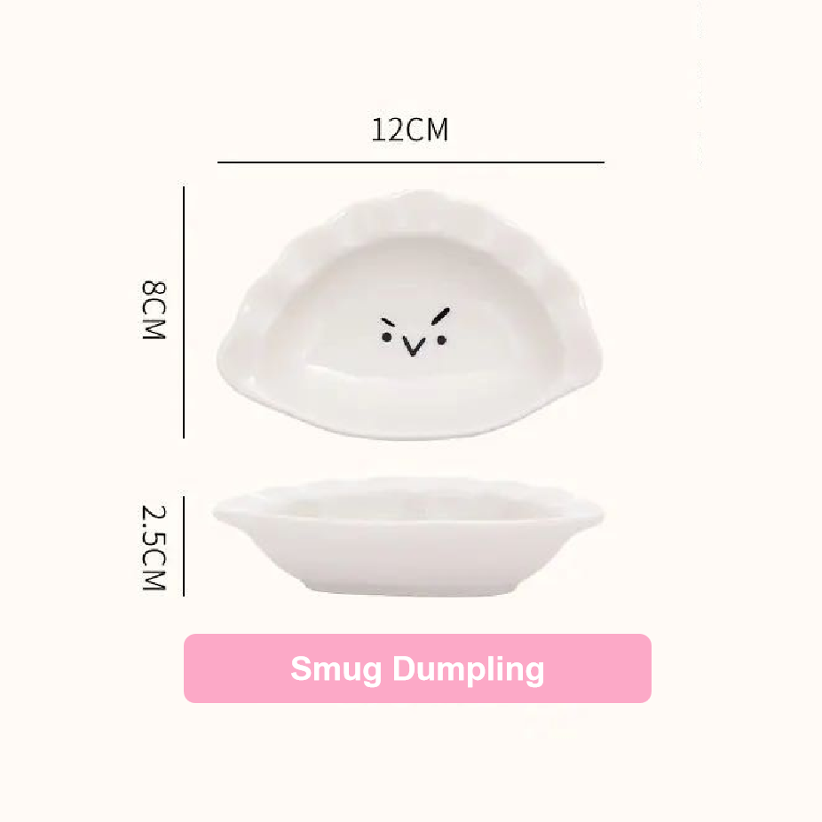 White ceramic plate with 'Smug Dumpling' design and measurements on a white background