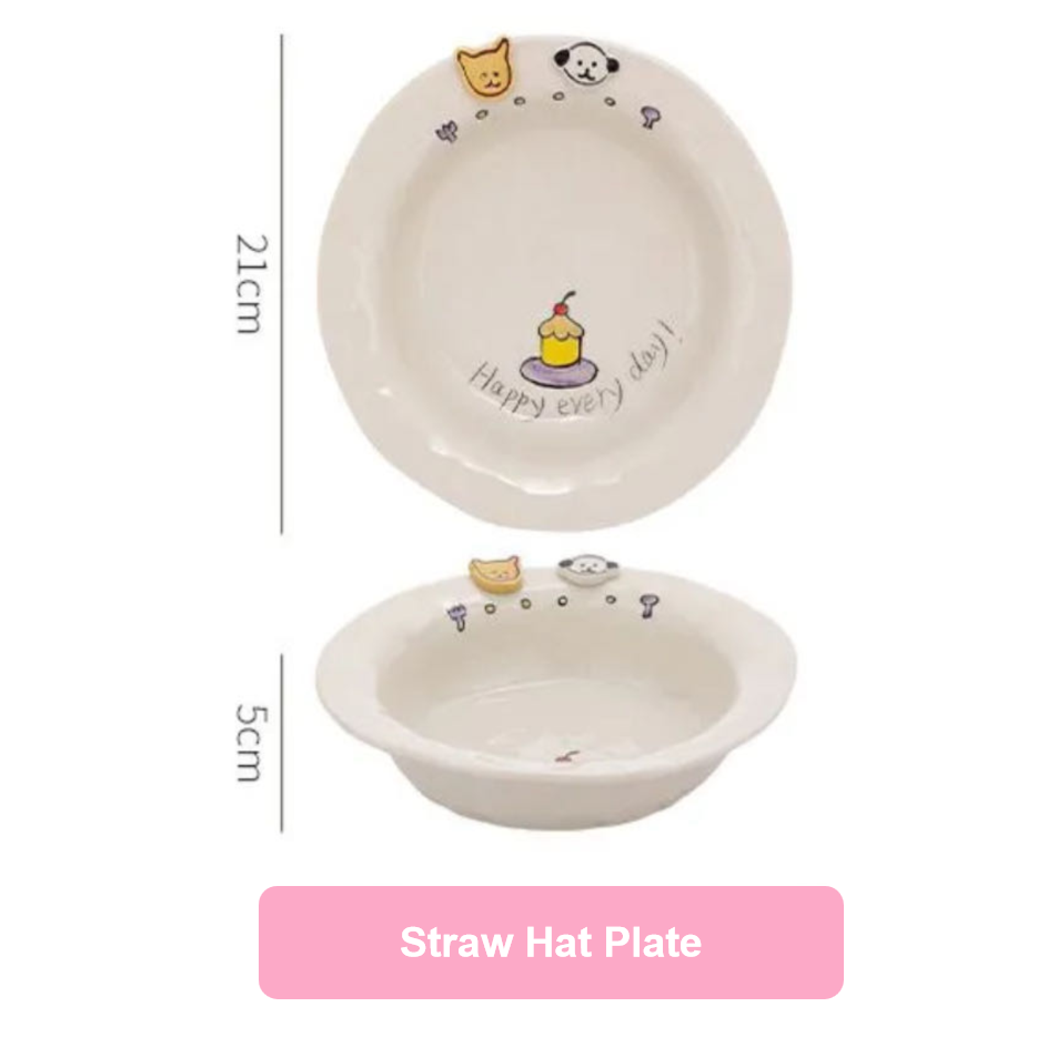 White plate with cartoon designs and dimensions on a white background