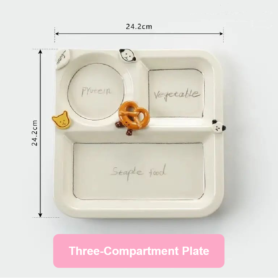 Three-compartment plate with measurements on a white background