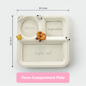Three-compartment plate with measurements on a white background