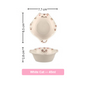 Ceramic bowl with cat design and measurements on a white background