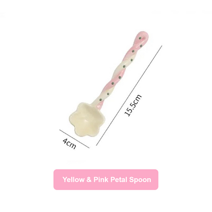 Yellow and pink petal spoon with measurements on a white background