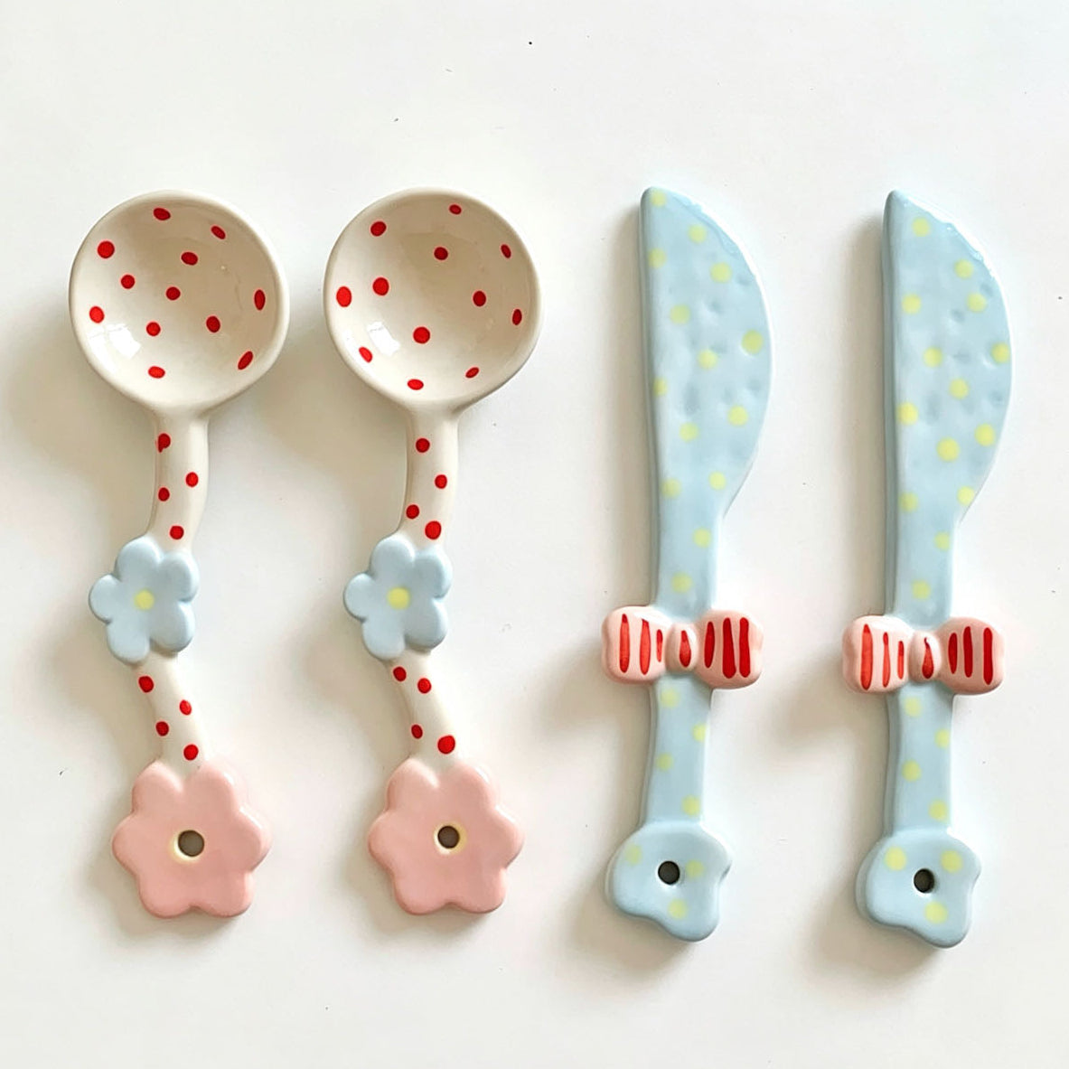 Handmade ceramic jam knife detail — polka dot pattern, food-safe glaze, MeowCeramics