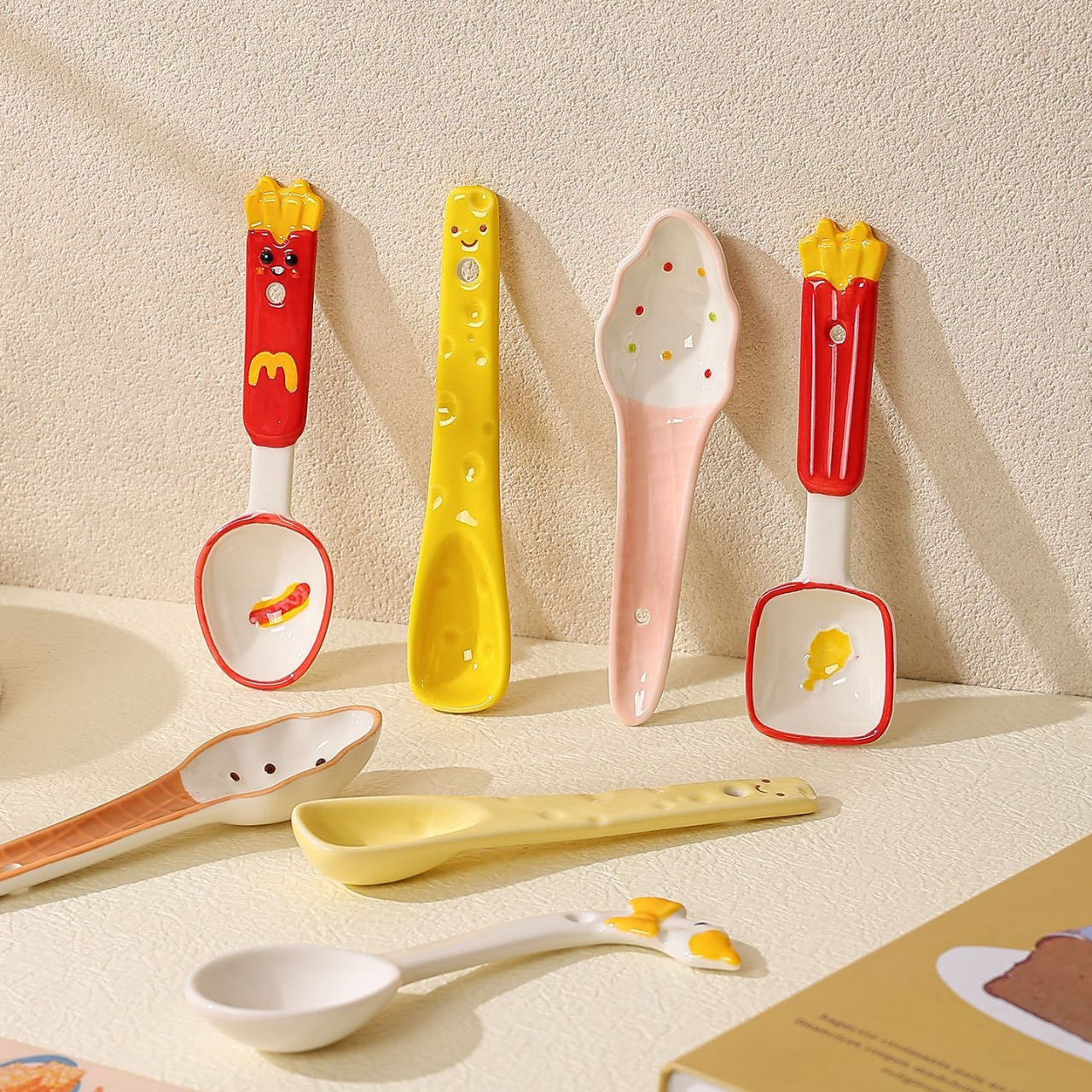 Cute food-shaped ceramic spoon — lifestyle display, 3D ice cream fries cheese handle, MeowCeramics