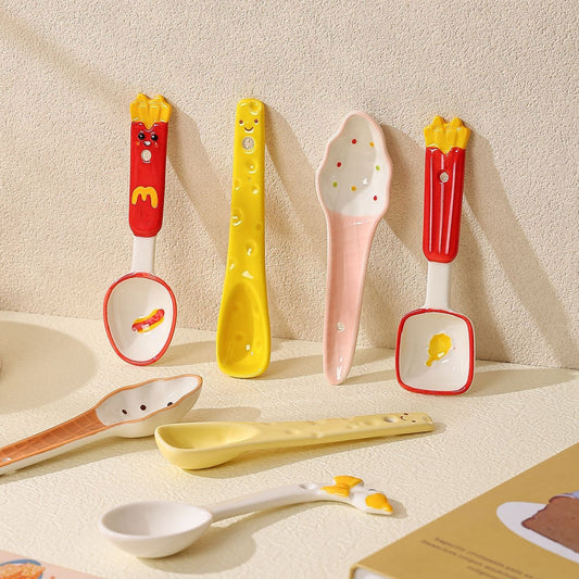 Cute food-shaped ceramic spoon — lifestyle display, 3D ice cream fries cheese handle, MeowCeramics
