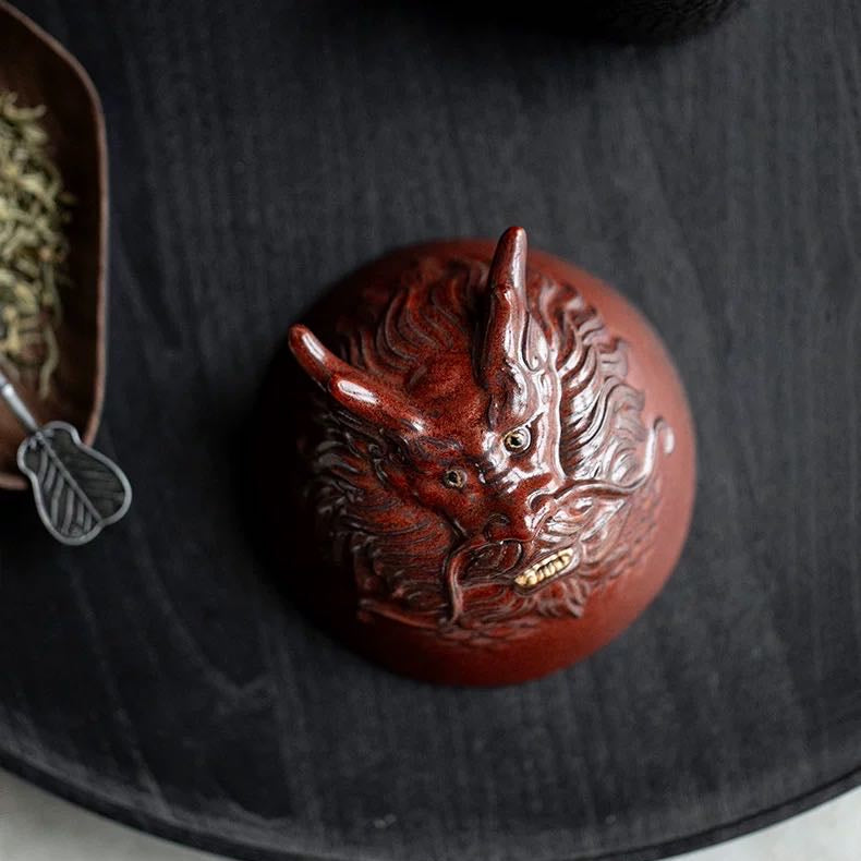 Handcrafted Zen Wood-Fired Teacup: Dragon & Snake Design - 130ml