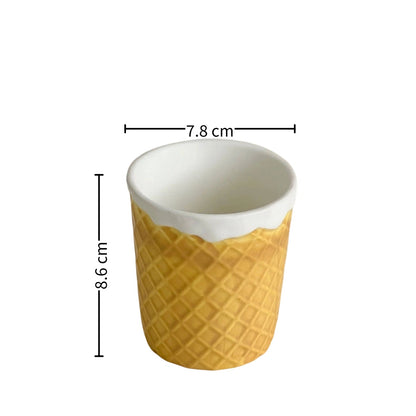 Yellow textured cup with white top, shown with dimensions on a white background