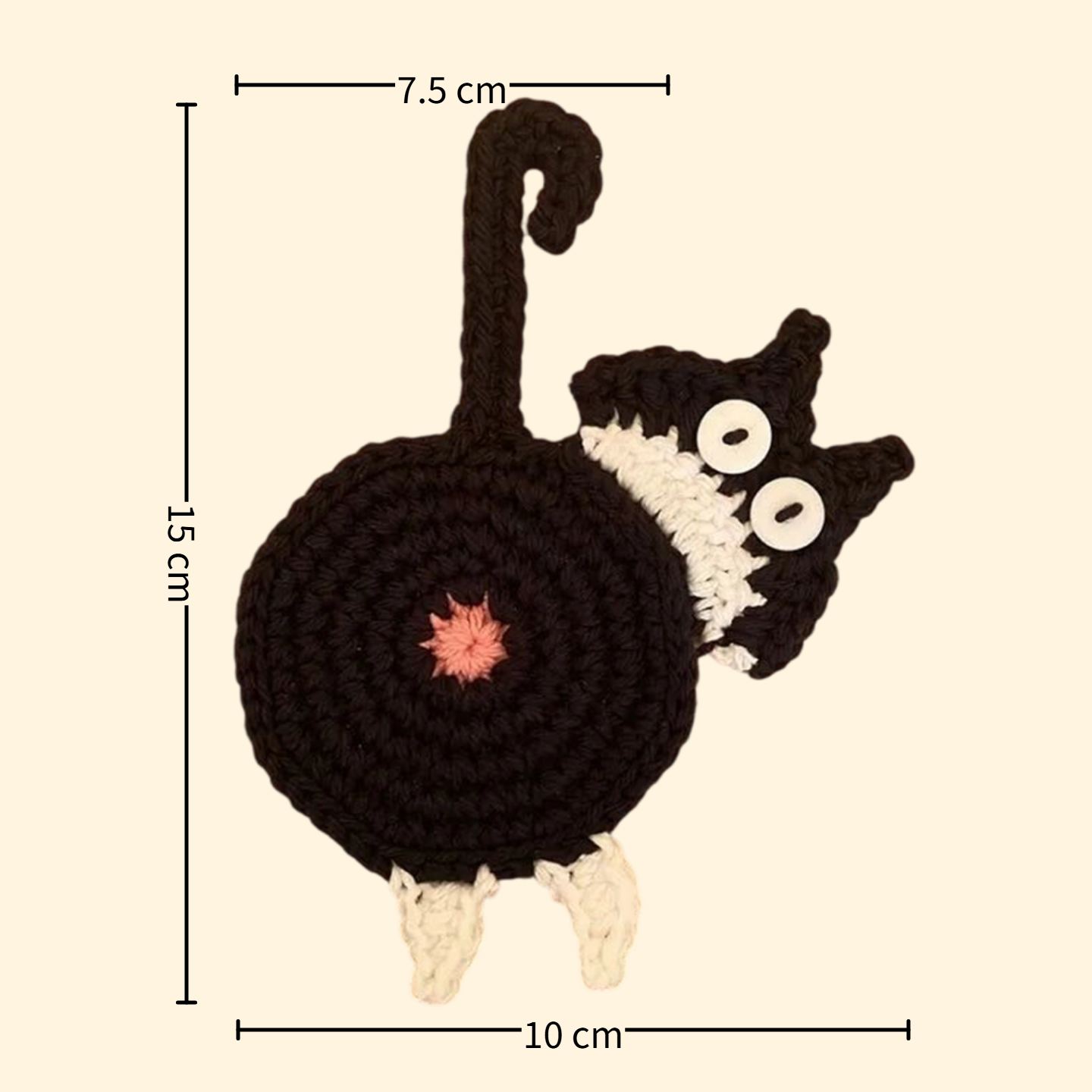 Black and white cat butt crochet coaster — handmade knitted cup mat, button eyes, MeowCeramics