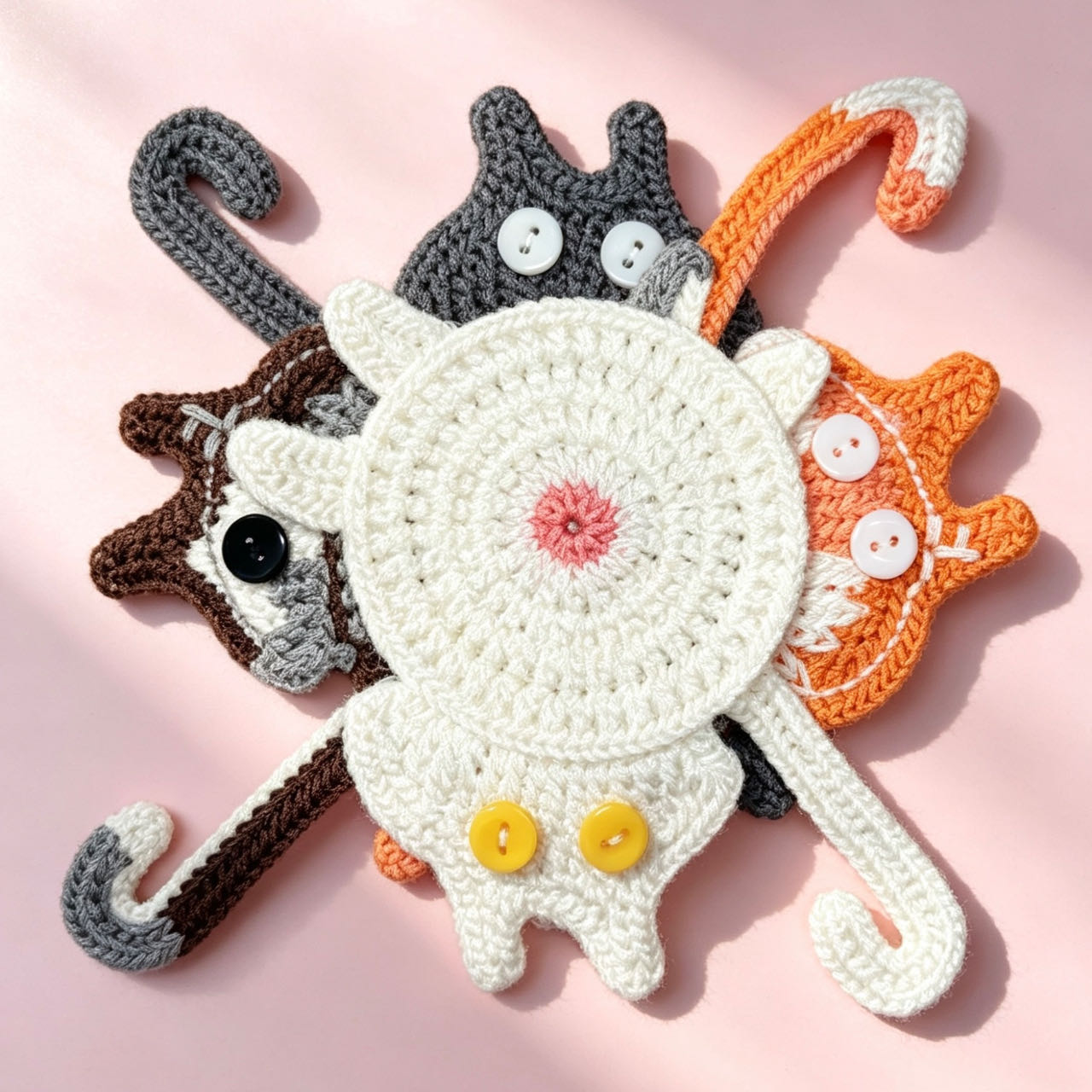 Cat butt crochet coaster — handmade knitted cup mat detail, cheeky cat tail design, MeowCeramics