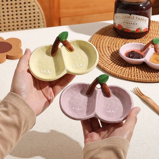 Handmade Cherry-Shaped Ceramic Compartment Dipping Dish