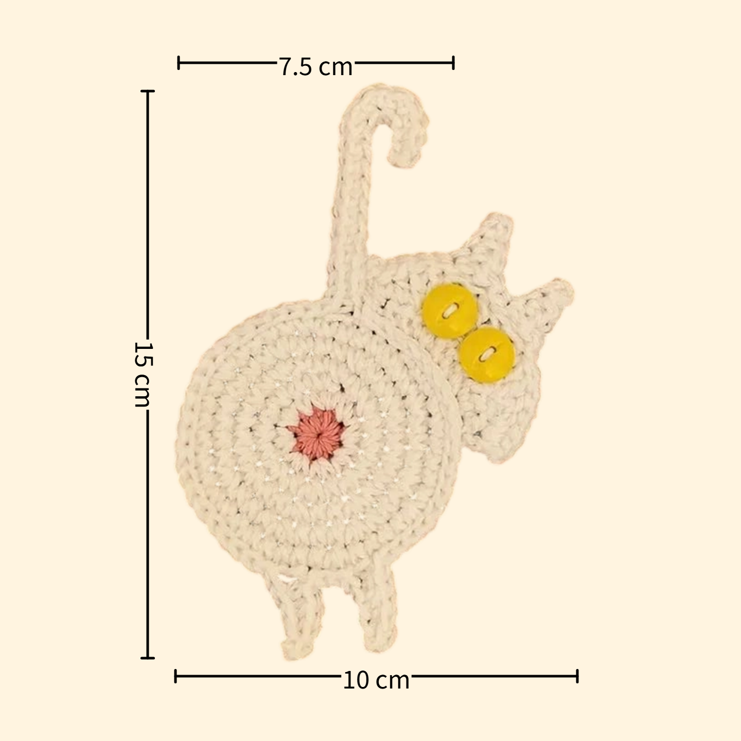 White cat butt crochet coaster — handmade knitted cup mat, button eyes, long tail, MeowCeramics