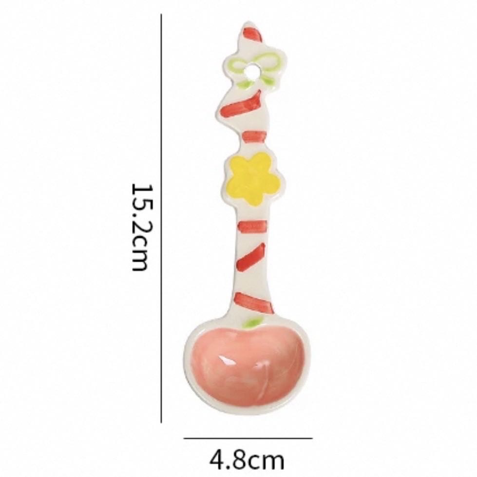Peach ceramic spoon — hand-painted fruit candy design, underglaze painted, food-safe, MeowCeramics