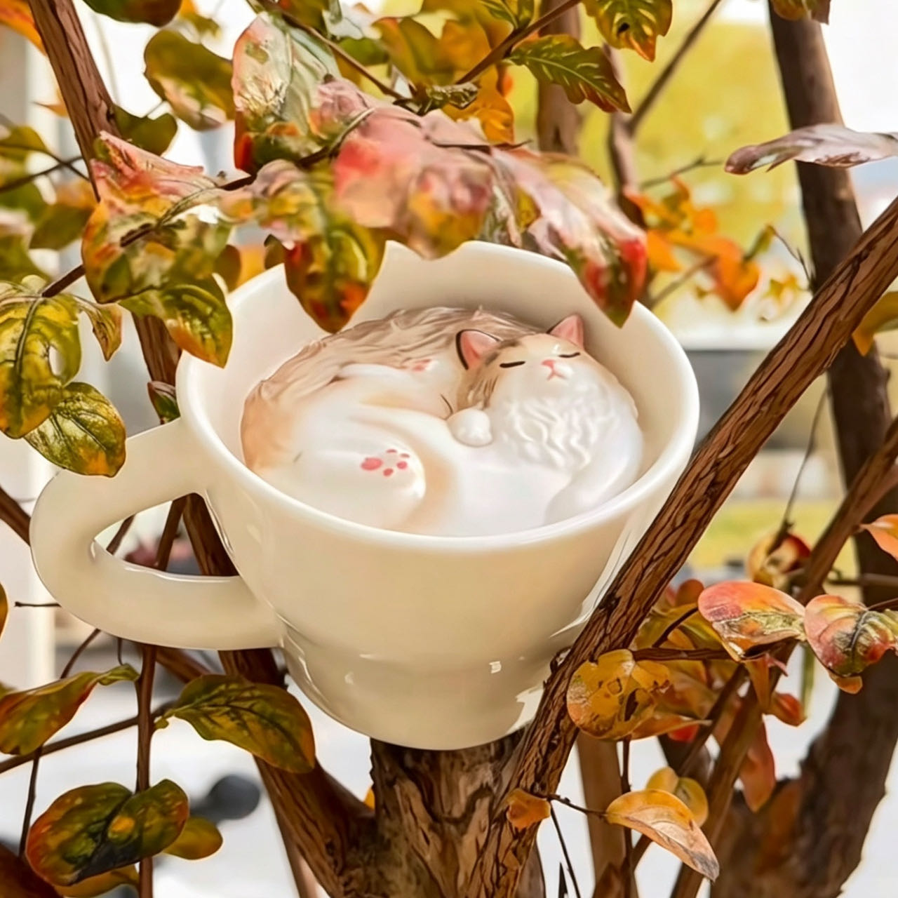 Cat coffee cup bottom detail — tiny sculpted cat curled in a ball, food-safe ceramic, MeowCeramics
