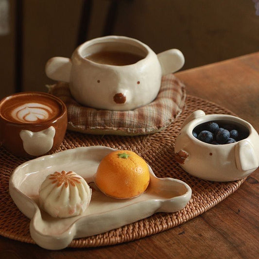 Handmade Cute Polar Bear  Rough Pottery Tableware Set - Set of 5