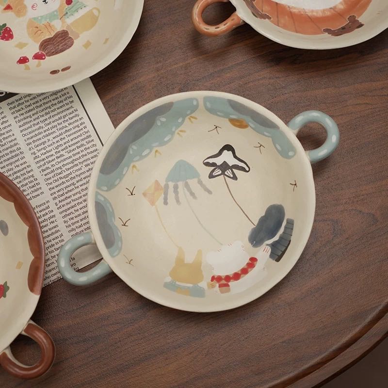 【Handmade to Order】Cute Round Double-Handle Deep Plate