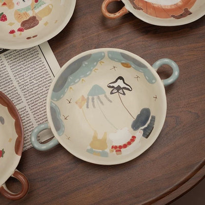 【Handmade to Order】Cute Round Double-Handle Deep Plate