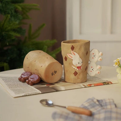 【Handmade to Order】Cute Vintage Hand-Pinched Textured Mug with Irregular Bear Handle
