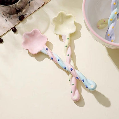 Fairy wand ceramic spoon handle detail — twisted braid grip, underglaze pastel colors, MeowCeramics